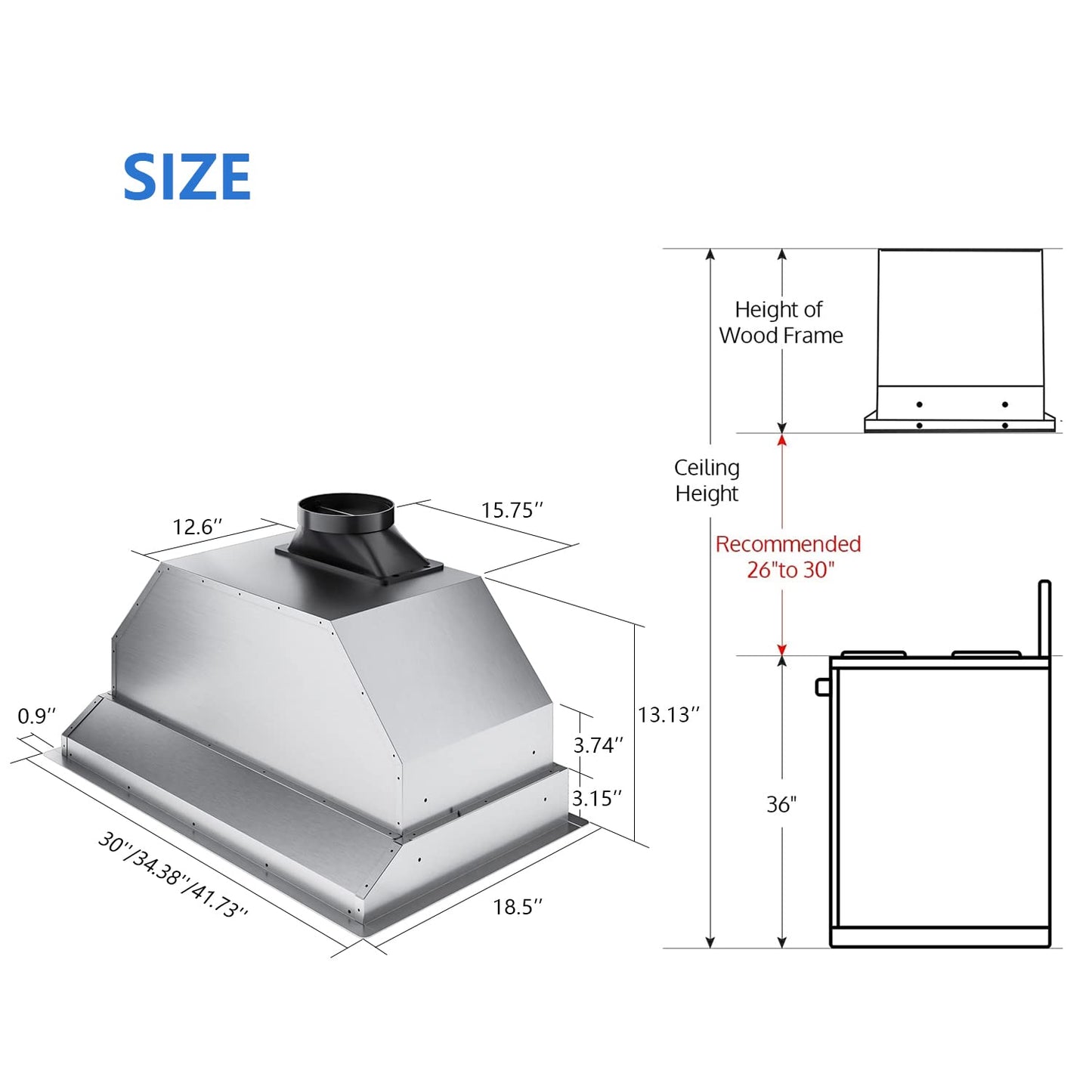 IKTCH 36 inch Built-in/Insert Range Hood 900 CFM, Ducted/Ductless Convertible Duct, Stainless Steel Kitchen Vent Hood with 2 Pcs Adjustable Lights and 3 Pcs Baffle Filters with Handlebar(IKB02-36'')