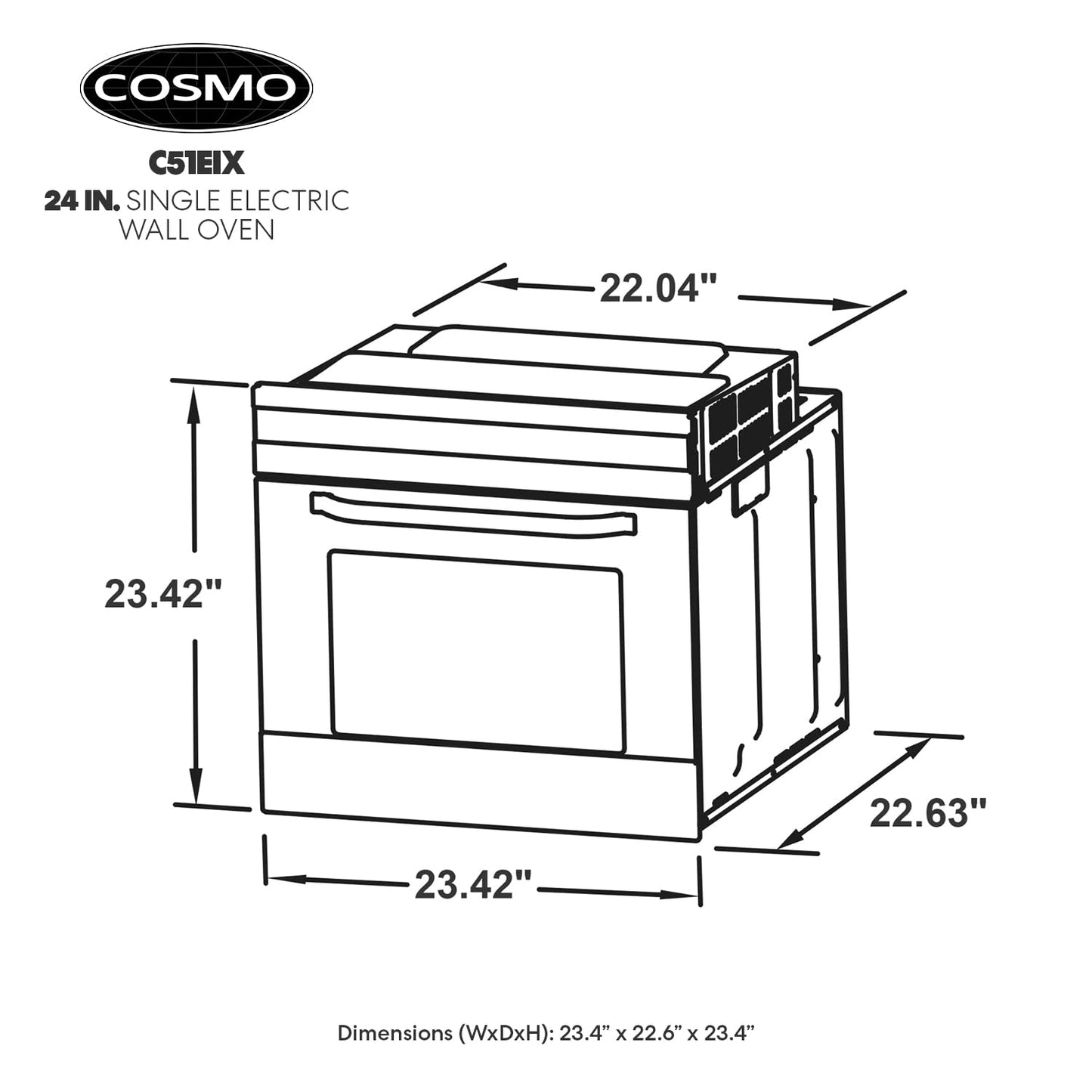 COSMO C51EIX Electric Built-In Wall Oven with 2.5 cu. ft. Capacity, Turbo True European Convection, 8 Functions, Push Button Knobs, in Stainless Steel, 24 inch