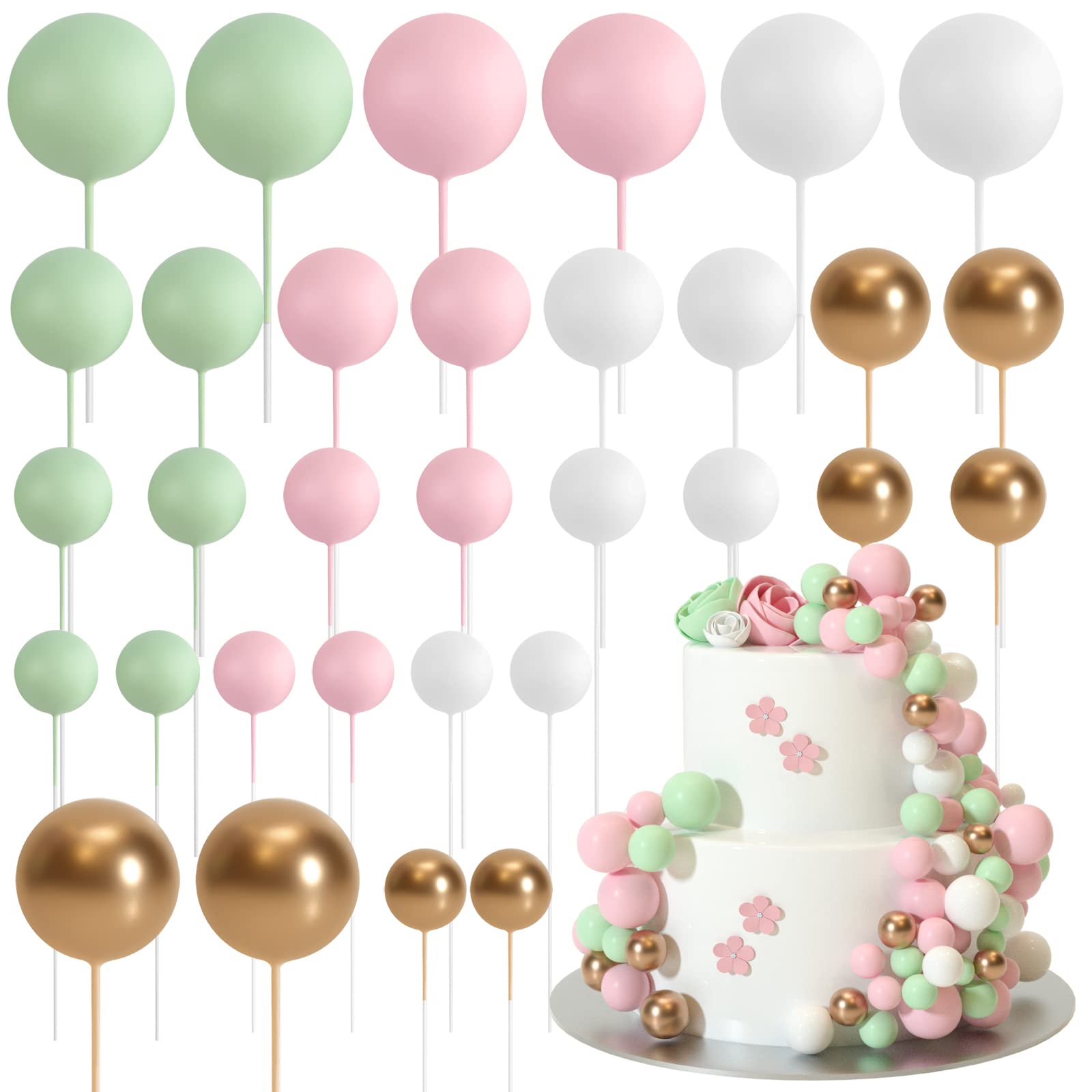 ASTARON 32 Pcs Ball Cake Topper Decorations Mini Balloons Cake Topper Sticks Foam Balls Cake Picks Cake Topper Balls Cake Decorations for Wedding Party Birthday Cake Decorating (Green Brown Gold)