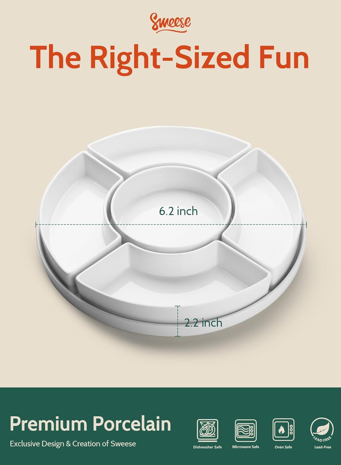 Sweese Porcelain Divided Serving Dishes, Relish Tray, Serving Bowls for Parties - Perfect for Chips and Dip, Veggies, Candy and Snacks, White