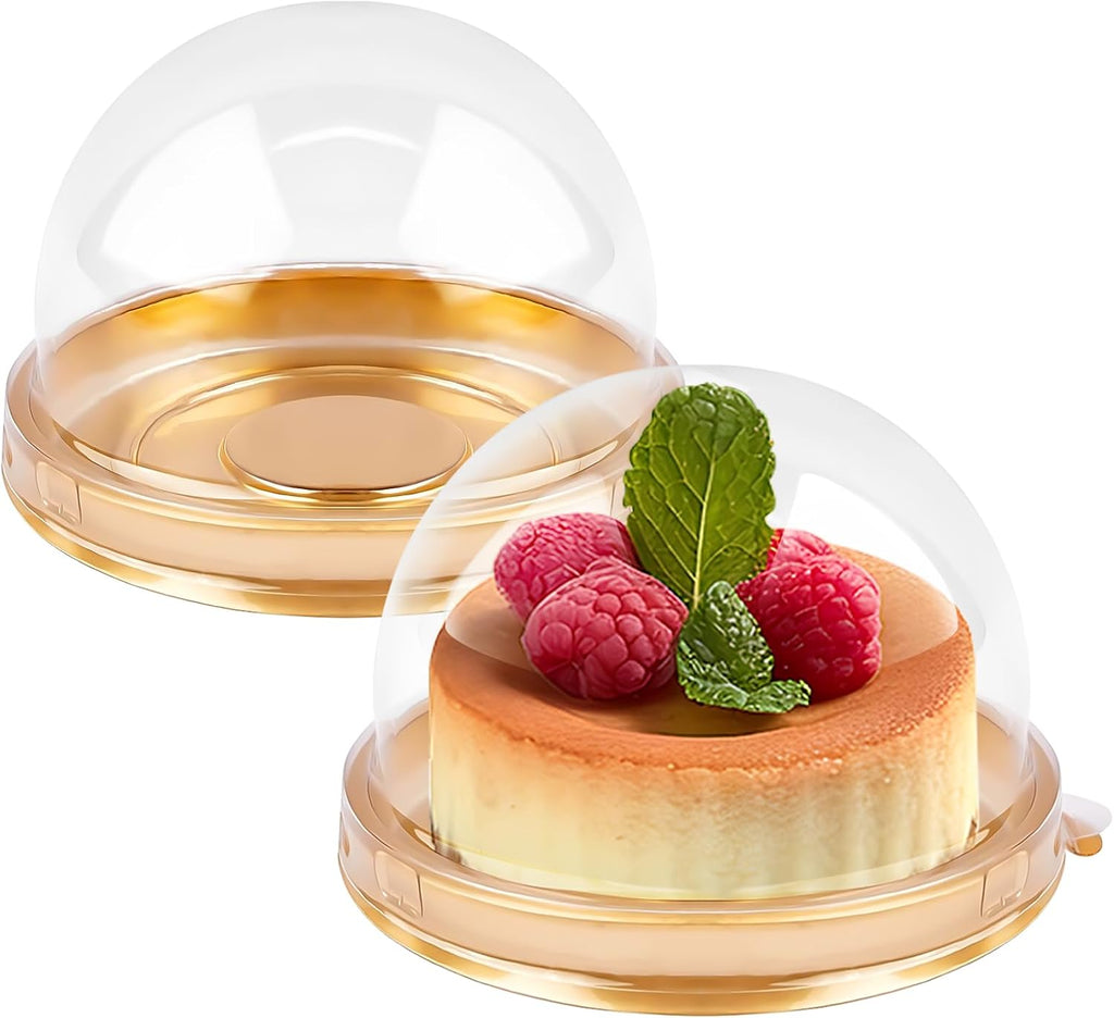 Zezzxu 50 Pack Mini Bundt Cake Containers, Clear Plastic Small Cupcake Boxes with Dome Lids for Individual Chocolate Covered Cookies, Strawberry, Mooncake (Gold)