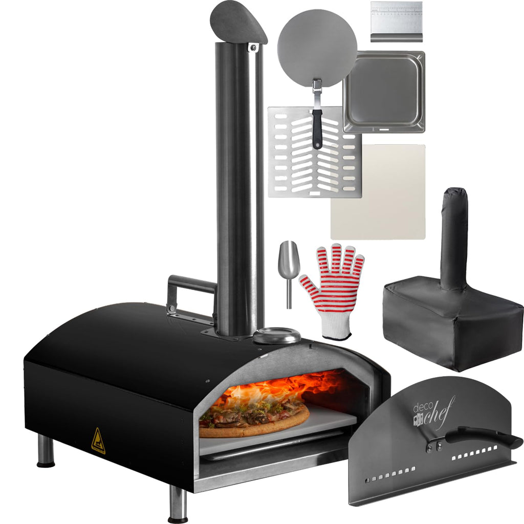 Piec do pizzy Deco Chef Outdoor Pizza Oven z funkcją 2 w 1 do pizzy i grilla, 13-calowy kamień do pizzy, przenośna 3-warstwowa konstrukcja ze stali nierdzewnej, łopatka do pizzy, skrobak do ciasta, łopatka, grill szczelinowy (czarny)