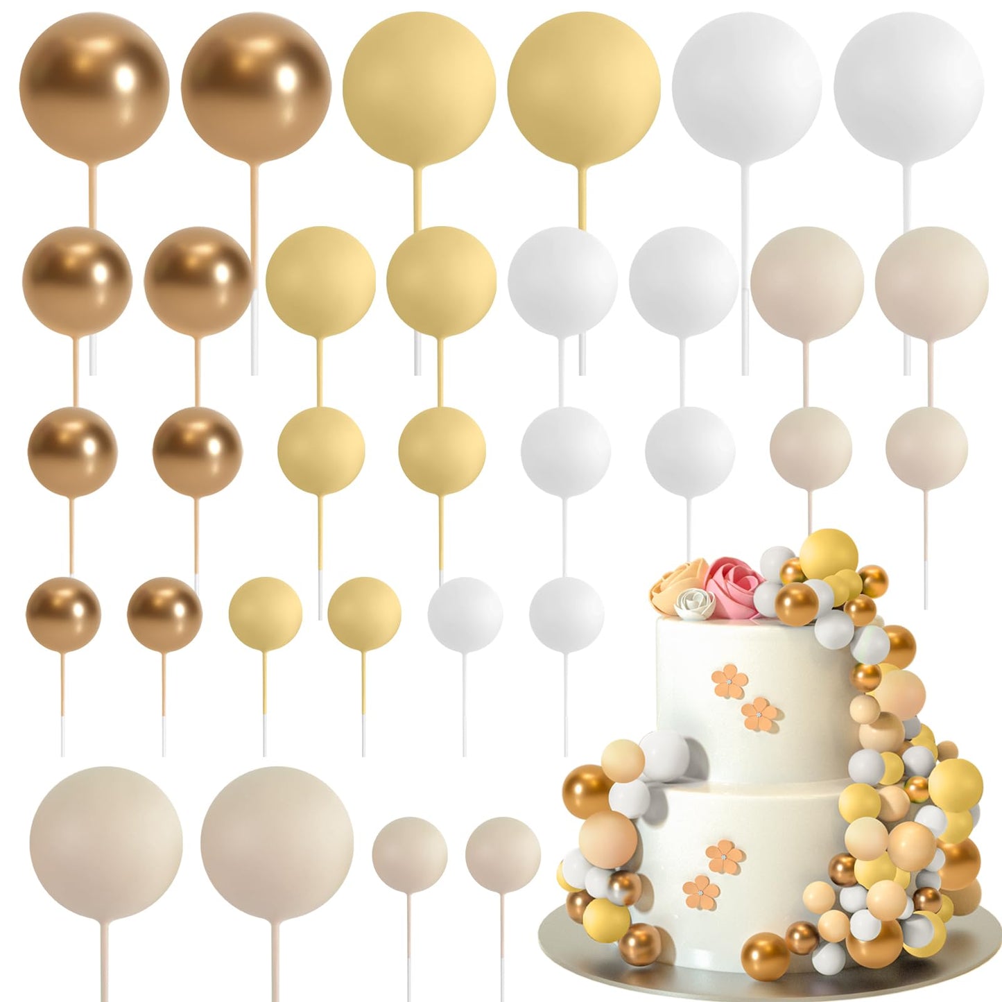 ASTARON 32 Pcs Ball Cake Topper Decorations Mini Balloons Cake Topper Sticks Foam Balls Cake Picks Cake Topper Balls Cake Decorations for Wedding Party Birthday Cake Decorating (Green Brown Gold)