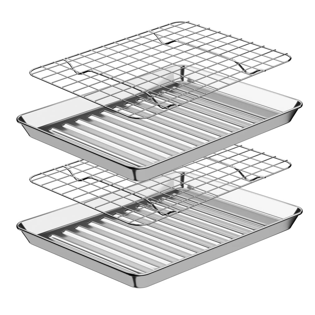 ROTTAY Baking Sheet with Rack Set (2 Pans + 2 Racks), Stainless Steel Cookie Sheet with Cooling Rack, Nonstick Baking Pan, Warp Resistant & Heavy Duty & Rust Free, Size 16 x 12 x 1 Inches