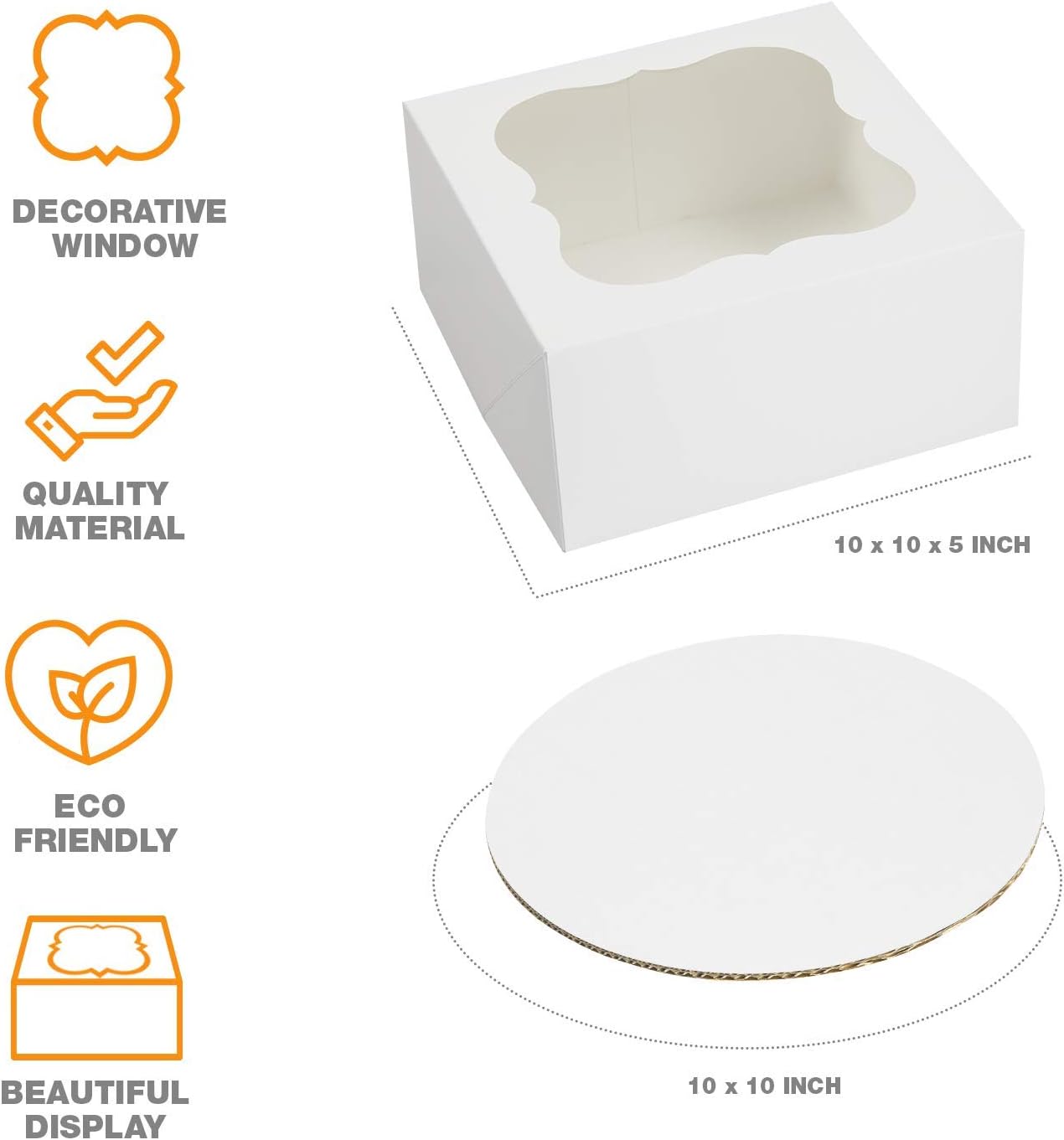 SELMY CAKE BOXES 10 inch Cake Box with Boards and Stickers [12-Pack] Cake Box with Window White Cake Boxes 10x10x5