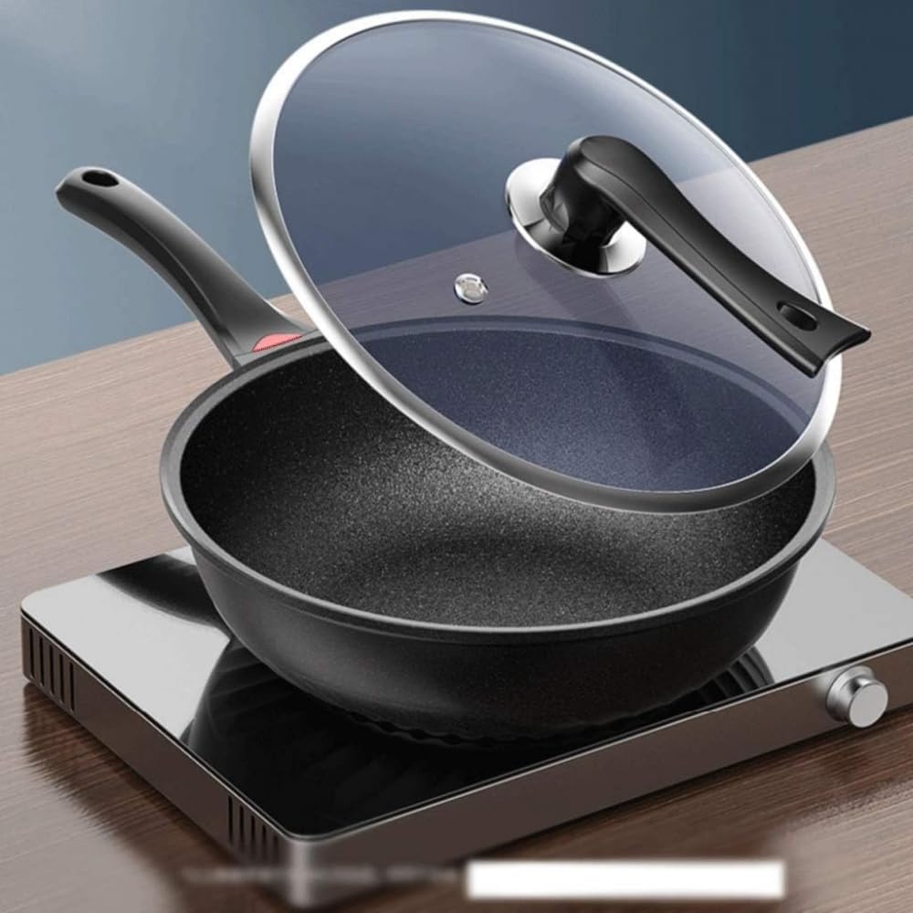 DMYINGBD Chinese Wok Non-Stick pan die-cast Aluminum Anti-Scratch Induction Electric Wok and Glass lid Wok, Maifan Stone Wok