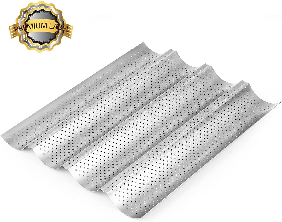 AMAGABELI GARDEN & HOME Baguette Bread Pan 15" x 13" Nonstick Perforated Baguette Tray French Bread Baking 4 Wave Loaf Bake Mold Toast Cooking Baker Molding Gutter Oven Toaster Dishwasher Safe Silver
