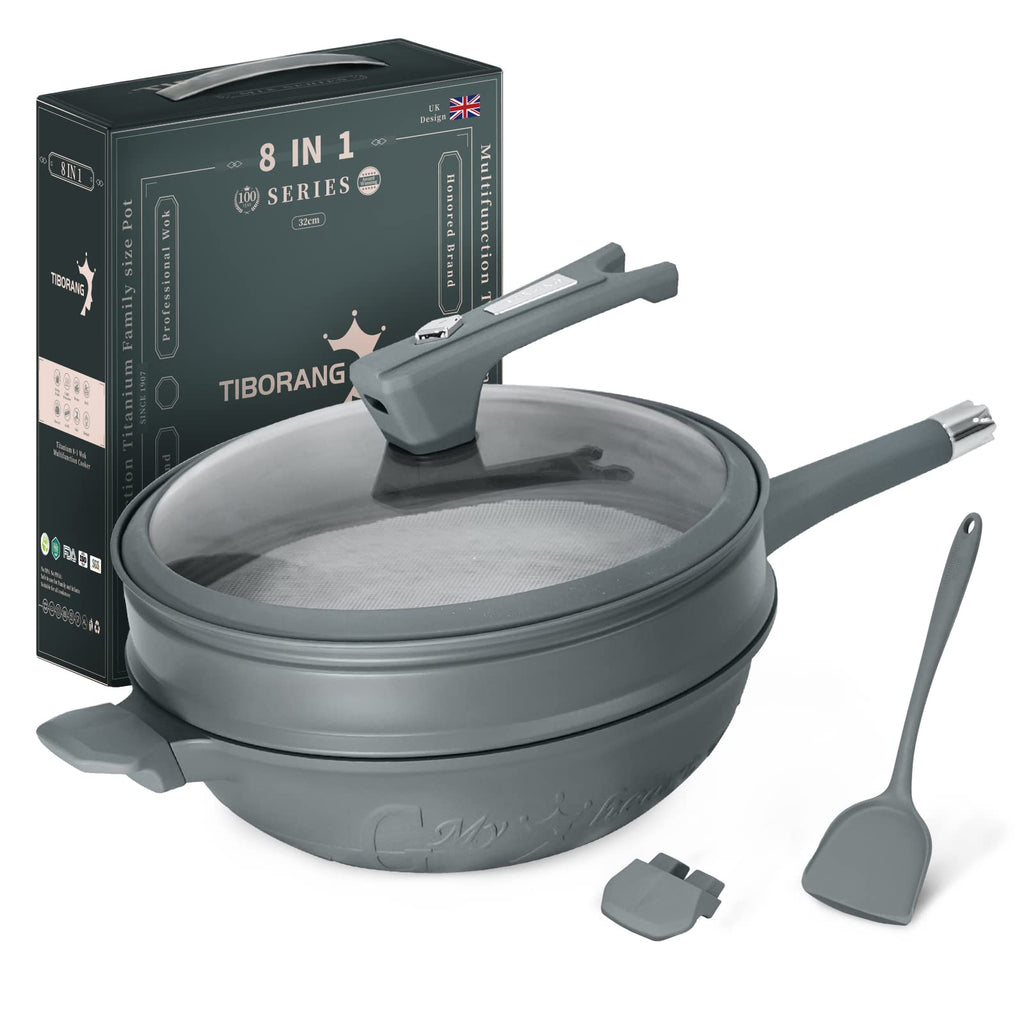 TIBORANG Nonstick 8 in 1 Multipurpose Woks and Stir Fry Pans,12.6 Inch 6L Heat Indicator Diecast Aluminum Titanium Coating Chinese Wok Pan with Lid, Silicone Spatula,Steamed Grid (Steel Grey)…