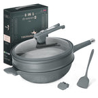 TIBORANG Nonstick 8 in 1 Multipurpose Woks and Stir Fry Pans,12.6 Inch 6L Heat Indicator Diecast Aluminum Titanium Coating Chinese Wok Pan with Lid, Silicone Spatula,Steamed Grid (Steel Grey)…