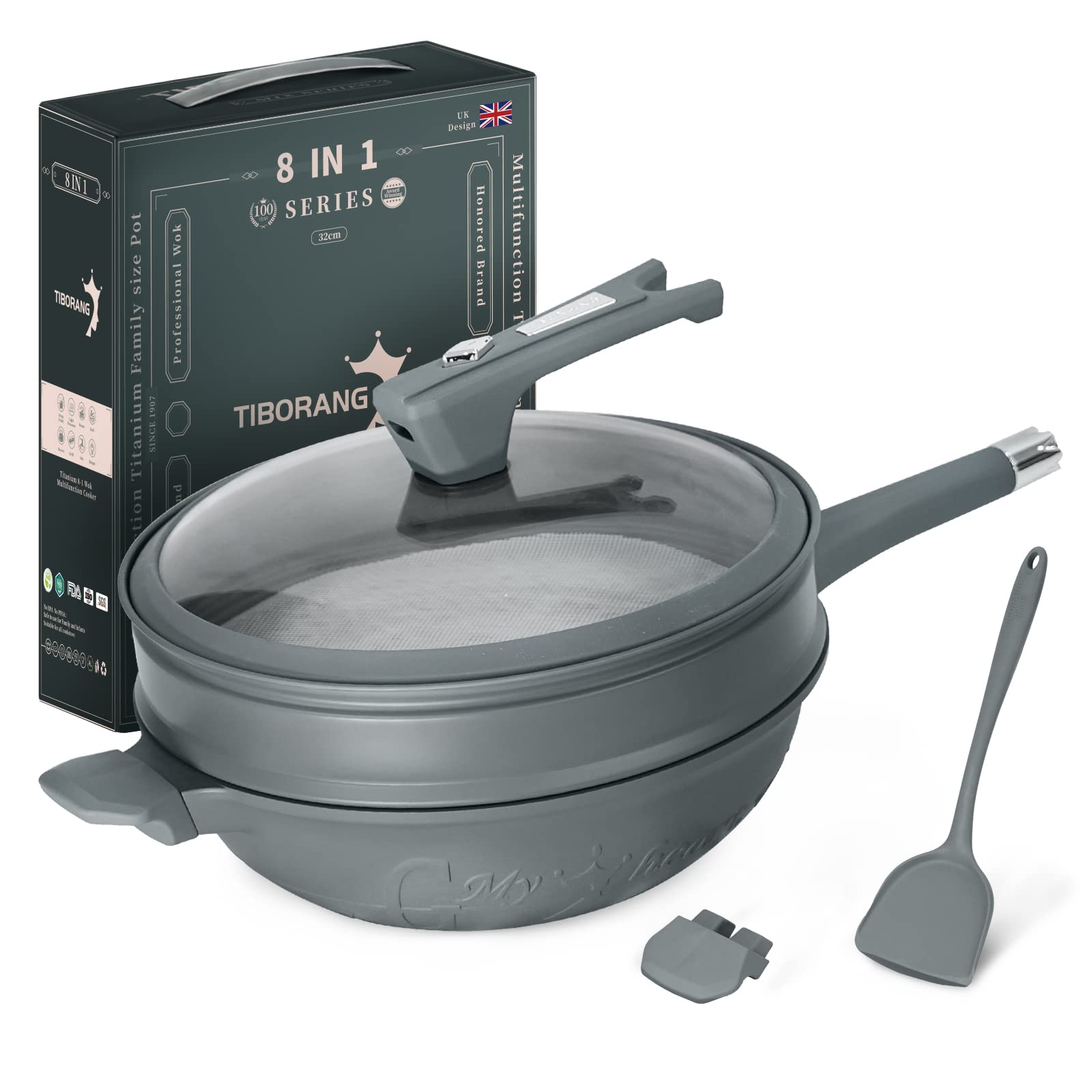 TIBORANG Nonstick 8 in 1 Multipurpose Woks and Stir Fry Pans,12.6 Inch 6L Heat Indicator Diecast Aluminum Titanium Coating Chinese Wok Pan with Lid, Silicone Spatula,Steamed Grid (Steel Grey)…