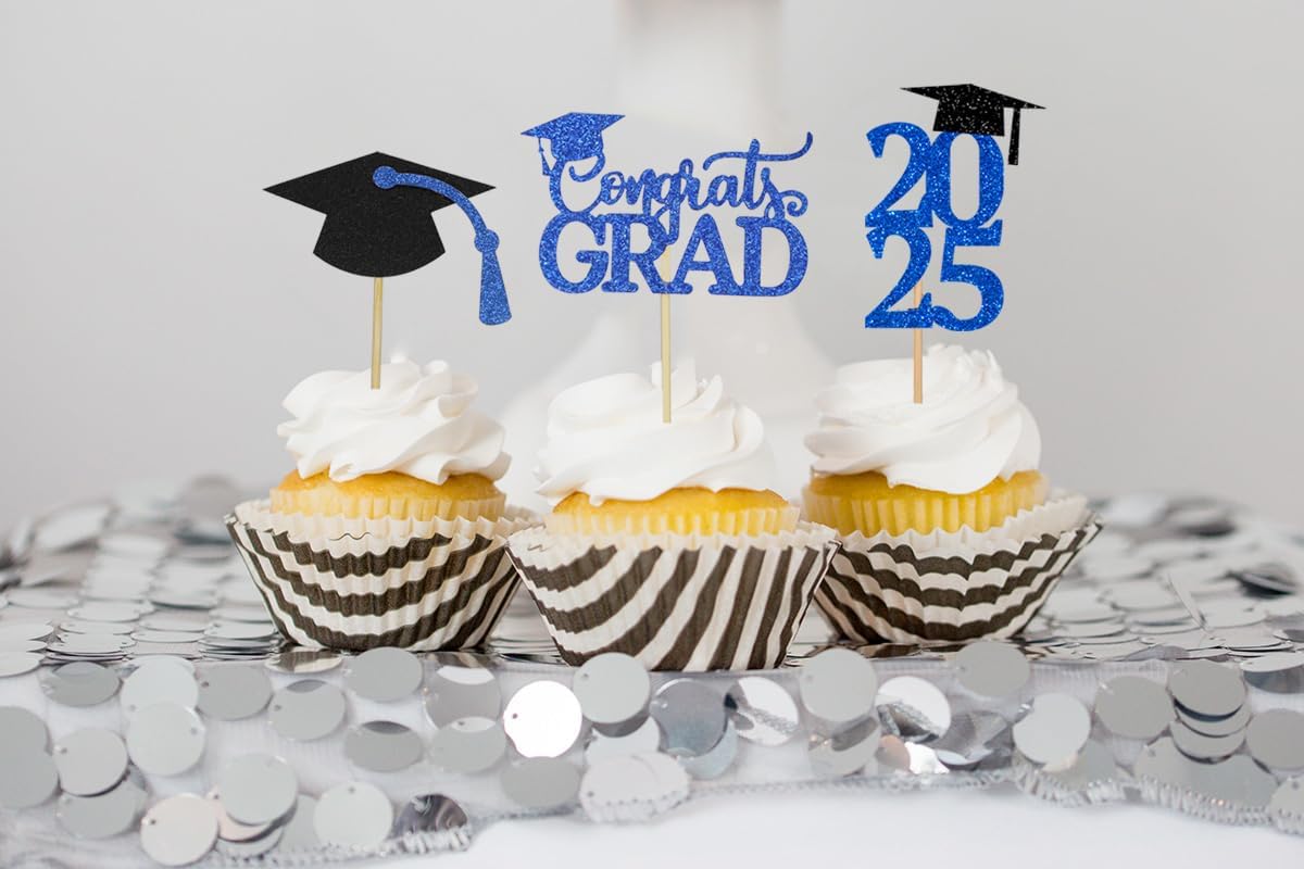 Graduation Decorations 2025 Blue, Graduation Cupcake Toppers 2025 Blue Black, Glitter Class of 2025 Cupcake Toppers Supplies, Class of 2025 Congrats Grad Cap Diploma Cupcake Picks - 40Pcs