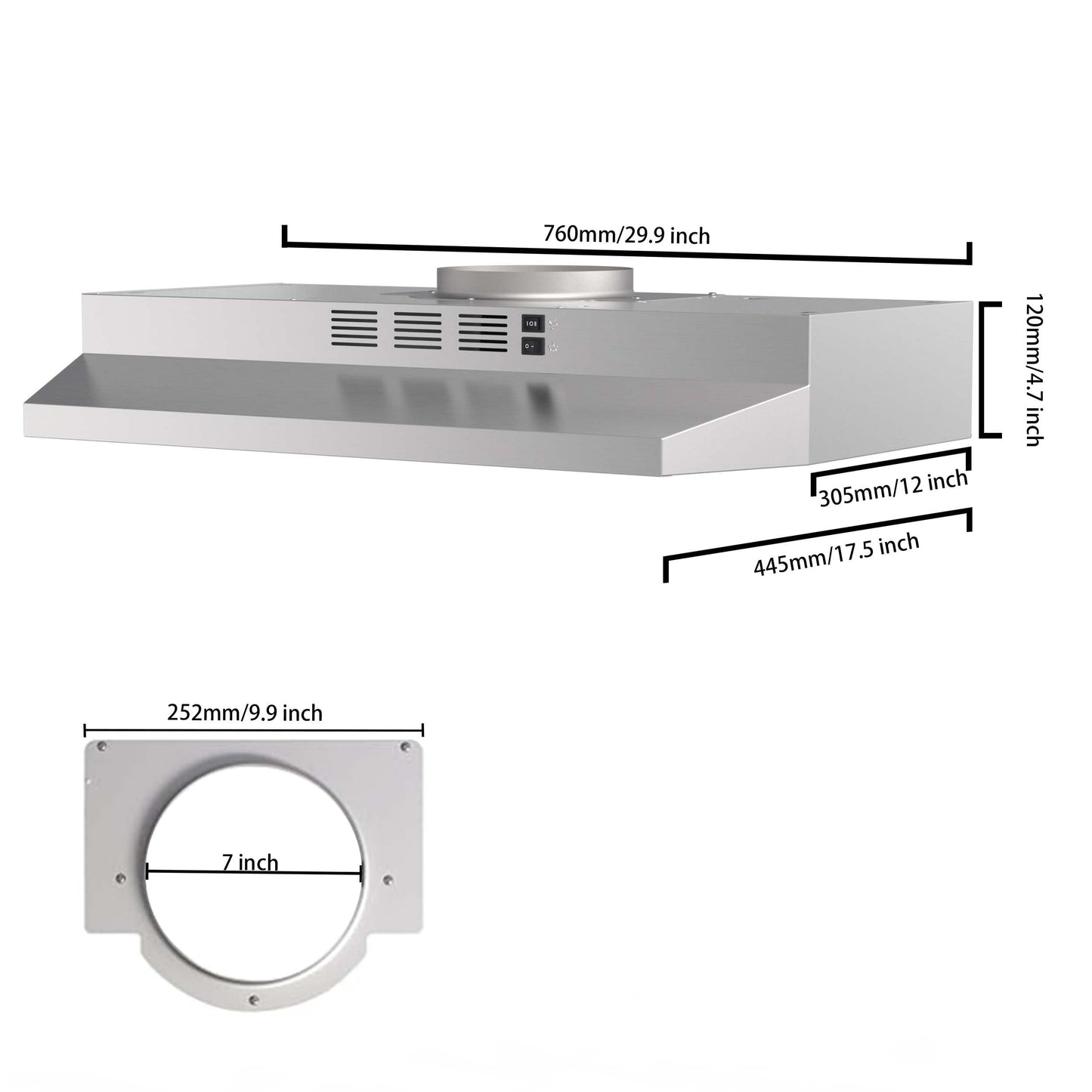 SNDOAS 30 inch Range Hood Ducted/Ductless Convertible Stainless Steel Range Hood Under Cabinet with Rocker Button Control,Vent Hood with LED Light,2 Speed Exhaust Fan,Under Cabinet Hood,Silver