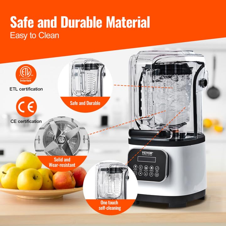 Blender VEVOR Professional z osłoną, Blendery do użytku komercyjnego, Blender kombinowany o pojemności 68 uncji, Blender ze stali nierdzewnej, 9 prędkości i 5 funkcji, do koktajli, smoothie, koktajli i kruszenia lodu, biały