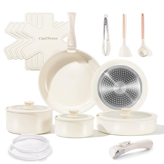 Chef Power Ceramic Cookware Set Non Toxic with Detachable Handles, Healthy Nonstick Pans and Pots Set 19 Pcs, Induction Dishwasher Oven Safe Kitchen Set, PFAS PFOA & PTFE Free, Cream White