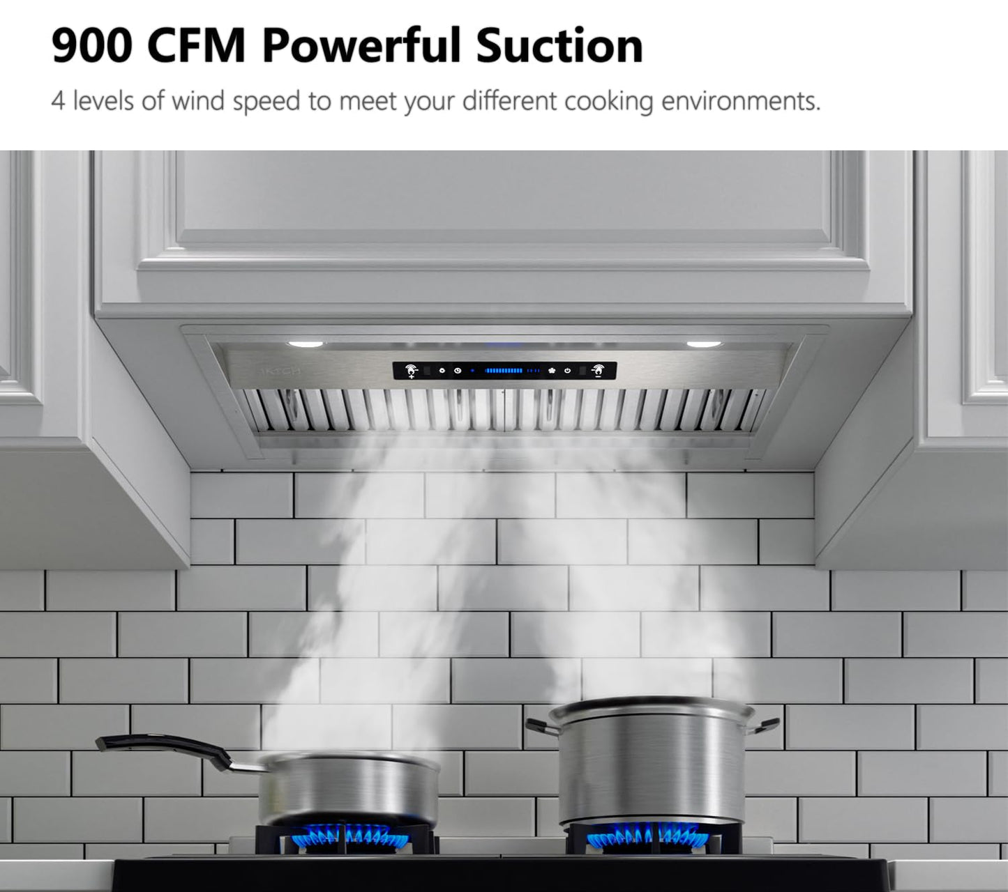 IKTCH 36 inch Built-in/Insert Range Hood 900 CFM, Ducted/Ductless Convertible Duct, Stainless Steel Kitchen Vent Hood with 2 Pcs Adjustable Lights and 3 Pcs Baffle Filters with Handlebar(IKB02-36'')