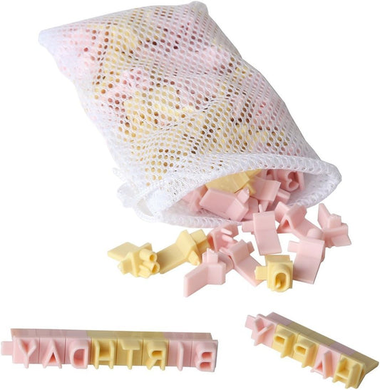 Home-X Cookie Stamps - Alphabet, Numbers & Symbols, DIY Fondant Embosser for Cookie & Cake Decorating - 96 Pieces Fondant Letter Stamps for Clay with Storage Bag - Pink & Yellow