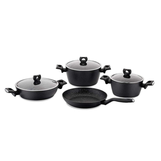 korkmaz Nora Cookware Pots and Pan Set, 7 Piece, Volcanite PTFE Coating, Black A2890Black