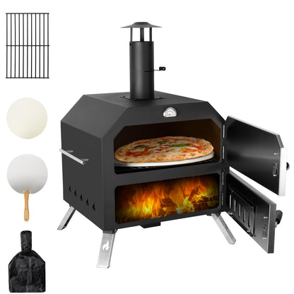 15’’ Outdoor Pizza Oven Wood Fired Pizza Oven Portable Patio Ovens Included Pizza Stone, Pizza Peel, Fold-up Legs, Cover Cooking Rack for Camping Backyard BBQ