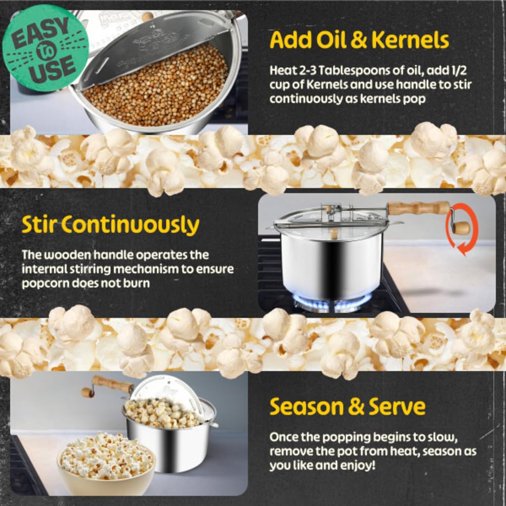 Maszyna do popcornu na kuchence - 6-kwartowa aluminiowa maszynka do popcornu z korbą ręczną, pokrywką z otworem wentylacyjnym i mieszadłem firmy Great Northern Popcorn (srebrna)