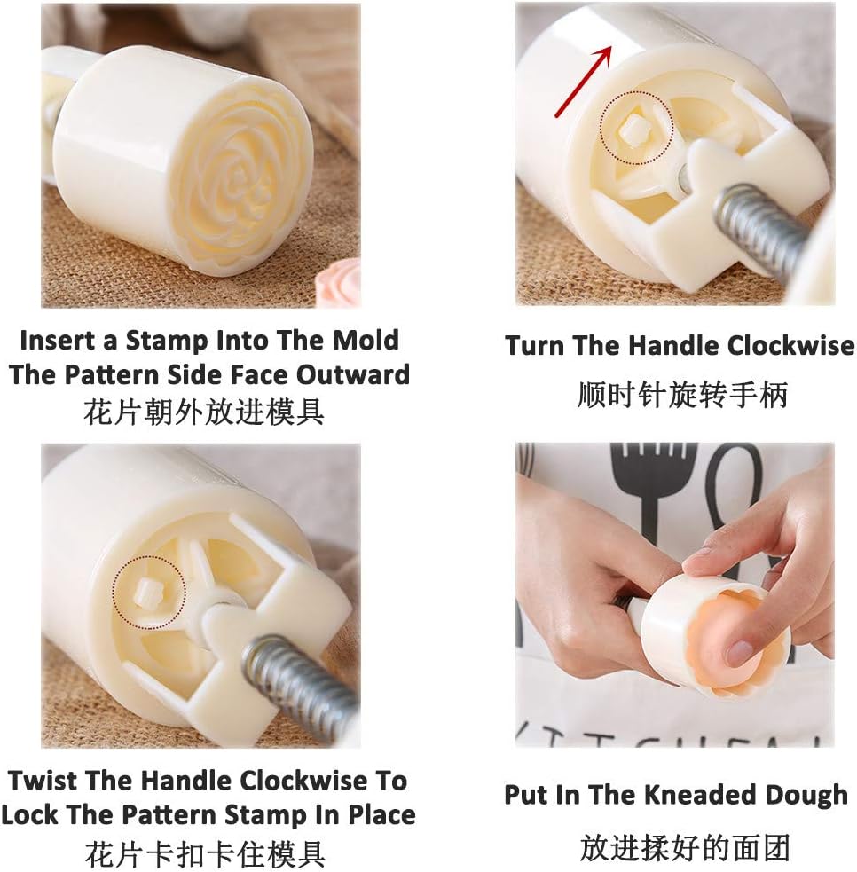 Moon Cake Mold 6 PCS, Mid Autumn Festival DIY Hand Press Cookie Stamps Pastry Tool Moon Cake Maker, Flower Mode Patterns 1 Mold 6 Stamps 50g (White).