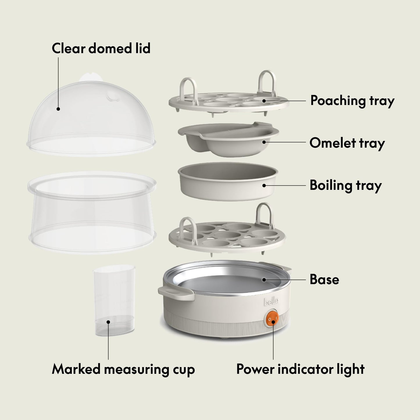 bella Electric Egg Cooker, 14 Eggs Capacity Tray, Double Stack, for Poached, Scrambled, Hard, Medium & Soft Boiled Eggs, Omelets and Steamed Dumplings, Auto Shutoff, 360 Watt, Oatmilk