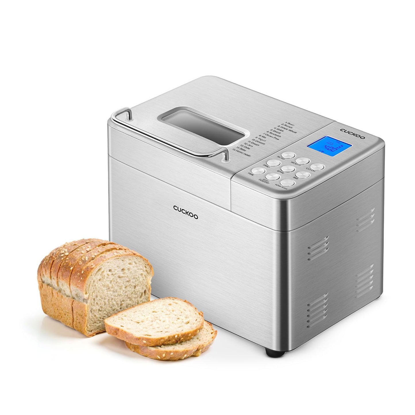 CUCKOO Bread Maker Machine with 15 Menu Options + 3 Crust Colors, 2 lbs Bread Machine with Automatic Fruit & Nut Dispenser, Includes 6 Accessories, Ideal Breadmaker for Sourdough (CBM-AAB101S)