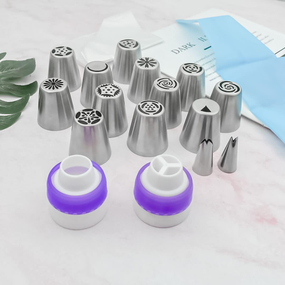 Russian Flower Piping Tips Set - 47 Pcs Cake & Cupcake Decorating Kit - 12 Icing Nozzles, 2 Leaf Tips, 30 Pastry Bags, 1 EVA Bag, 2 Couplers