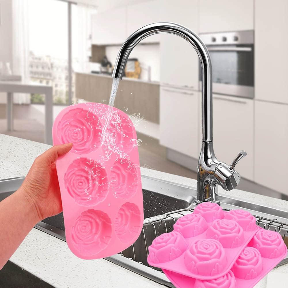 Silicone Mold for Handmade Soap Cake Jelly Pudding Chocolate 6 Cavity Rose Flower Design, Set of 2 Pink