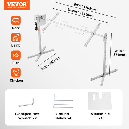 VEVOR 56-Inch Splicable Rotisserie Grill Kit, 132 lbs Sectional Spit Rod with Automatic 52W Motor & Heat Shield, Height Adjustable Spit Roaster Stand for Roasting Pig Lamb, Stainless Steel Grill