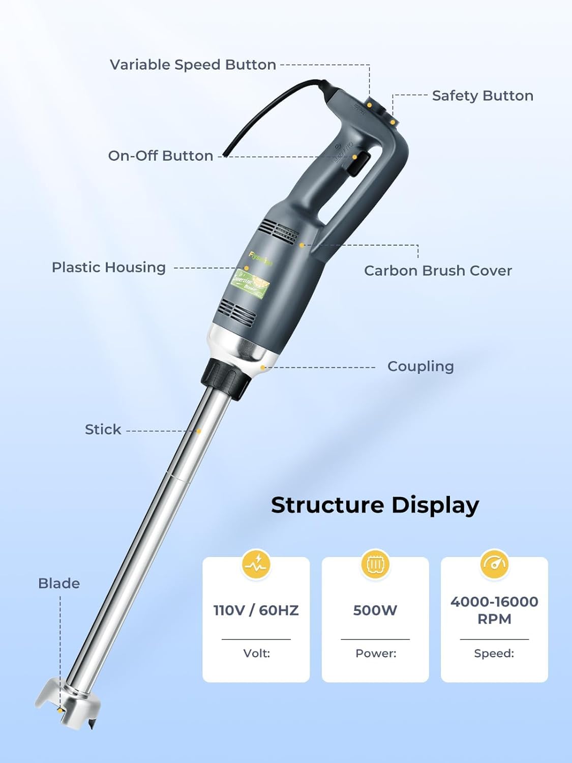 Flyseago Commercial Immersion Blender Hand held Blenders Heavy Duty Variable Speed Mixer 4000-16000RPM with 20-Inch Removable Shaft 50-Gallon Capacity 500W Multifunction Pro Electric Stick Emulsifier