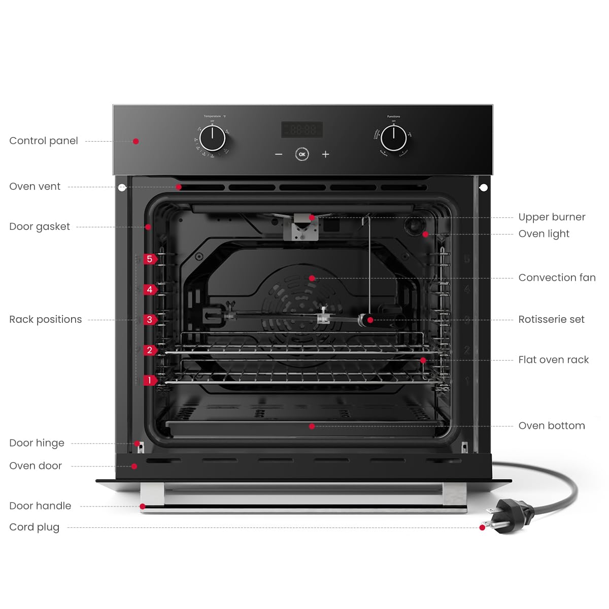 GASLAND 24 Inch Gas Wall Oven, Pro GS606DB Natural Gas Wall Oven, Built-in Single Wall Oven, with Bake Broil Rotisserie Functions, Built-in Digital Timer and Convection Fan, 120V Cord Plug, Black