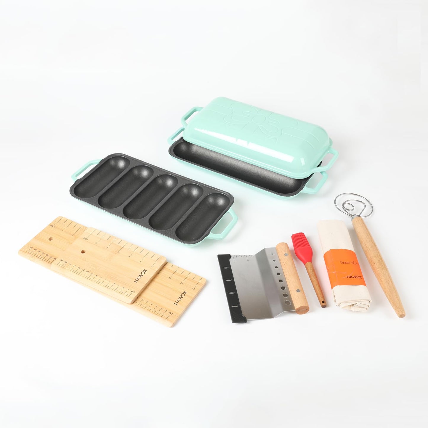 HAWOK Enameled Cast Iron French Baguette Baker, Hot Dog Bake Tray, Baguette Pan with Handles and Lid, Navy Blue