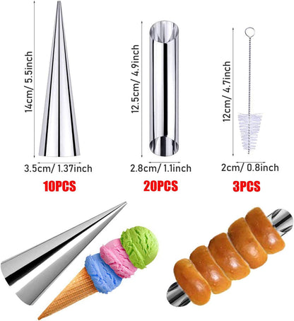 Woohome 34 PCS Stainless Steel Cannoli Form Tubes, Cream Horn Mold, 20 PCS Diagonal Shaped and 10 PCS Cone Tubular Shaped Mold,Baking Moulds Tubes for Danish Pastry Cream Roll Mold