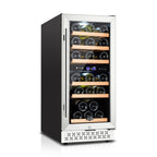 Tylza Mini Fridge 15 Inch Wine Cooler Under Counter, 30 Bottle Dual Zone Wine Fridge with Stainless Steel, Wine Refrigerator Freestanding, and Built-in Wine Cellars