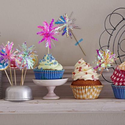 10 Pcs Happy Birthday Cake Toppers Foil Firework Cupcake Toppers Sparkle Tinsel Drink Stirrers Flowers Cake Decoration Cocktail Food Fruit Toothpick for Cake Decoration Party Supplies