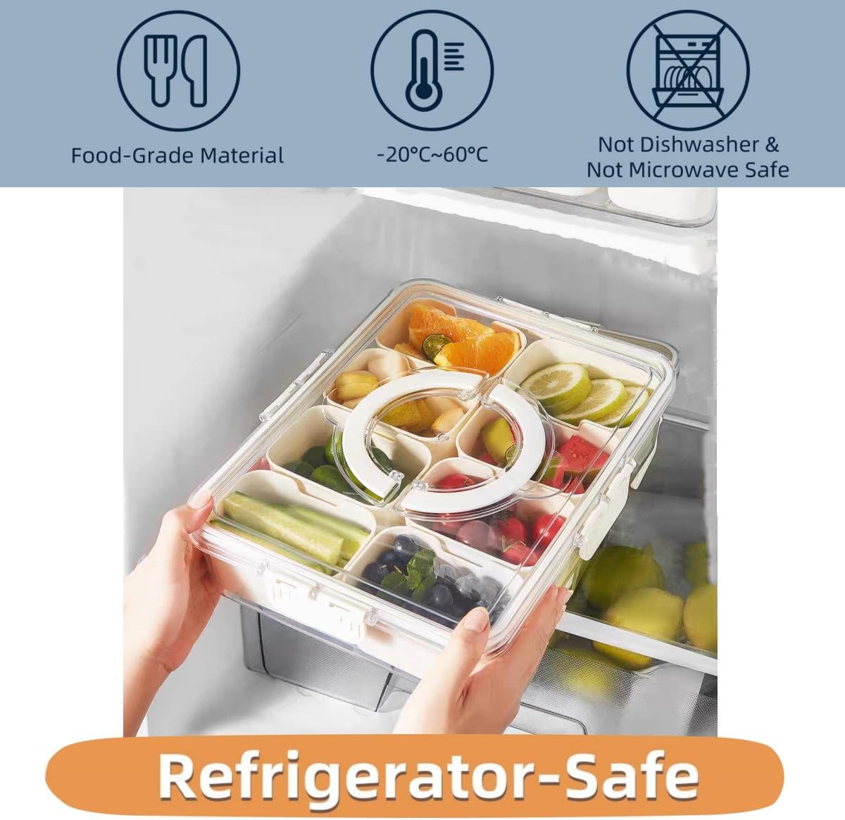 Divided Serving Tray with Lid and Handle,8 Compartments Snacks Box,Snack Fruit and Veggie Tray,Portable Platter for Candy Fruits Nuts Snack Party Entertaining Picnic (1 PCS)