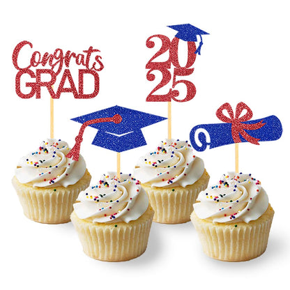 24Pcs Graduation Cupcake Toppers, Graduation Cupcake Picks for Cupcake Food Decorations - Class of 2025 Cupcake Toppers Supplies (Blue)