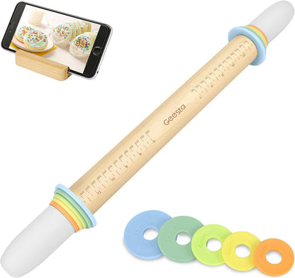 Geesta Adjustable Wood Rolling Pin with 5 Thickness Rings, Precise Dough Roller Handle Press Design with Measurement Guide for Fondant, Pizza, Pie Crust, Cookie, Pastry Baking Decorating Accessories