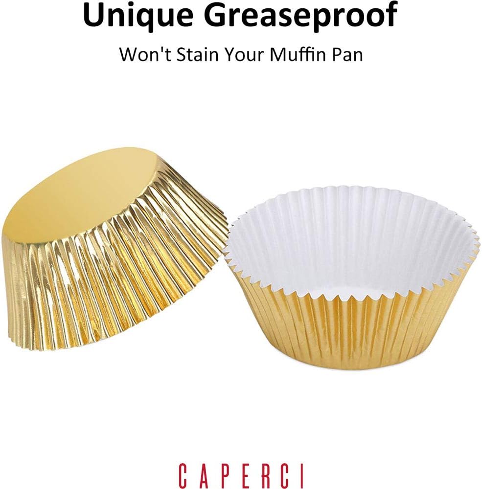 Caperci Standard Cupcake Liners Gold Foil Muffin Baking Cups 150-Pack - Premium Greaseproof & Sturdy Cupcake Papers