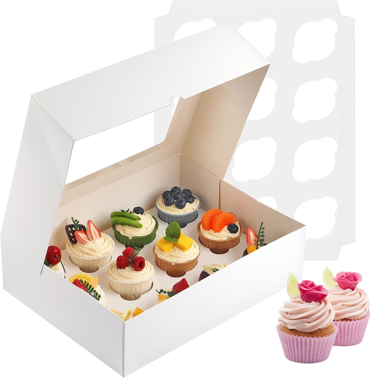 Cupcake Boxes, 2 Pack Disposable Cupcake Containers, Food Grade Cupcake Carrier 12 Count with Window and Inserts, Cupcake Transport Holders Bulk for Muffins Cookies Treats Dessert（White）