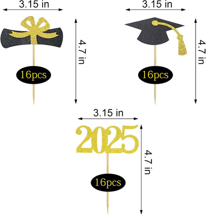 Graduation Cupcake Toppers 2025,48 PCS Graduations Decoration,Class of 2025 Food Appetizer Picks, Party Supplies/Food Appetizer Picks Mini Cake Decor (Gold)