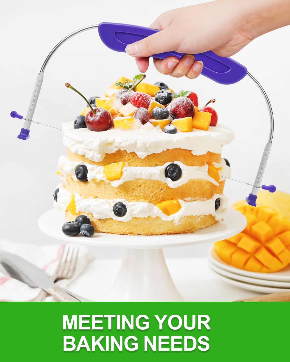 Adjustable 2- wire Cake Slicer Leveler Small Cake Cutter Slicer for Leveling Tops of Layer Cakes Professional Baking Tool with Stainless Steel Wires and Purple Handle By Prokitchen