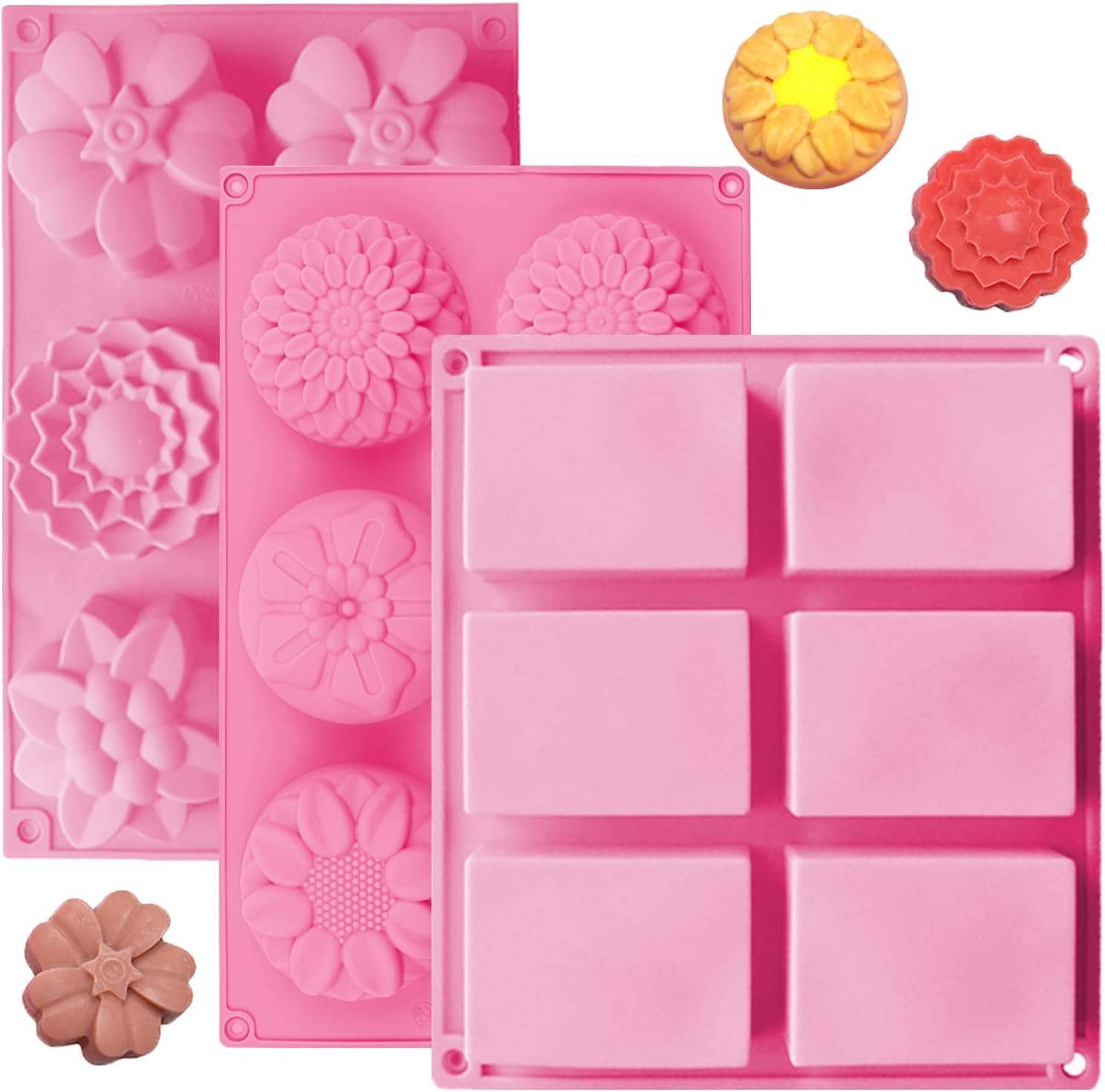 3 Pack Silicone Soap Molds, 6 Cavities Flower Making Mold, Included Rectangle Shape Supplies, Perfect for Handmade Soaps, Homemade Chocolate