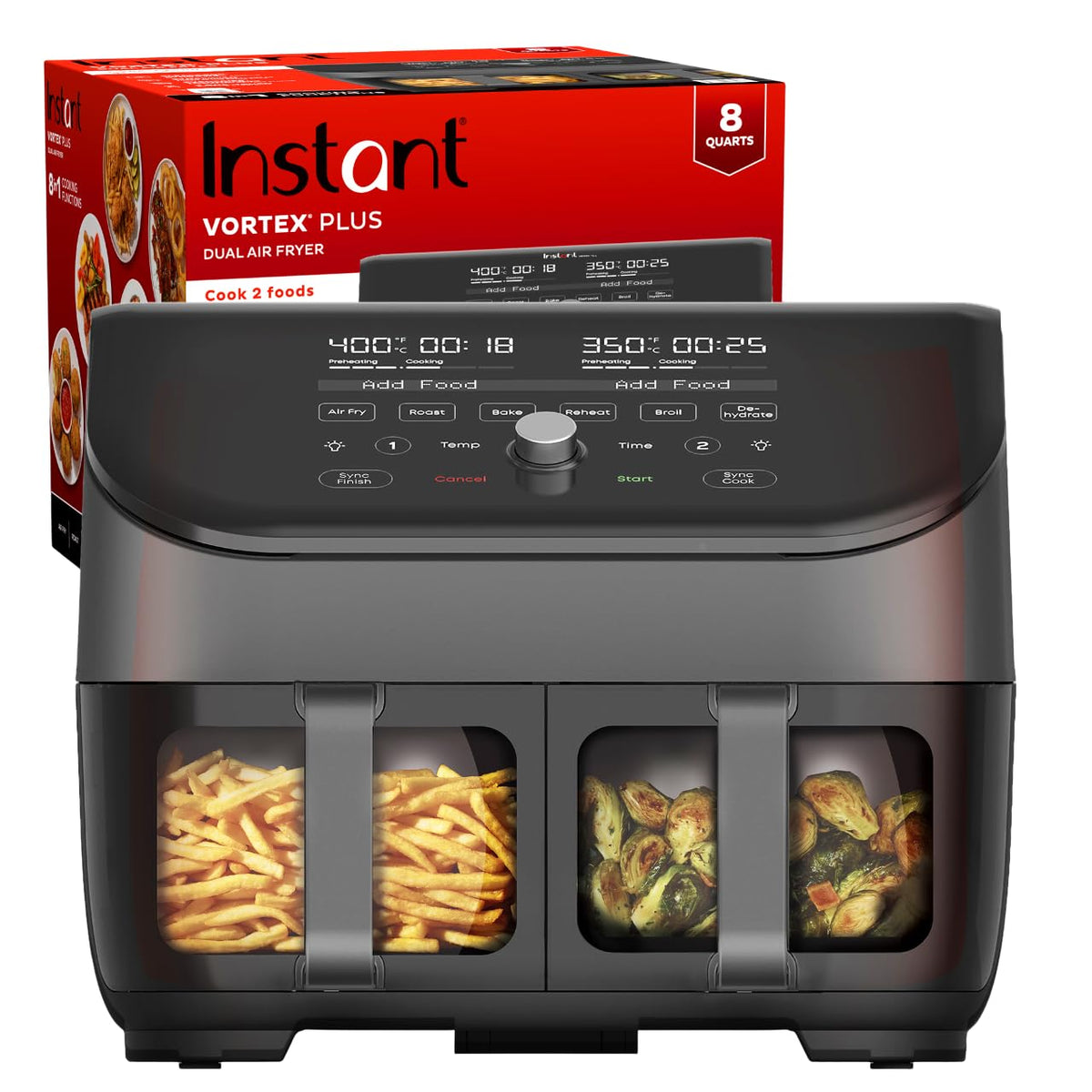 Instant Pot Vortex Plus XL 8QT ClearCook Air Fryer, przezroczyste okienka, programowanie niestandardowe, 8 funkcji w 1, które chrupią, grillują, smażą, odwadniają, pieczą i podgrzewają, od twórców Instant Pot, czarny