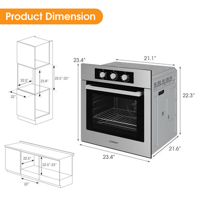 COSTWAY 24" Single Wall Oven, Electric Built-in Wall Oven with 2.47 Cu. Ft. Capacity, 5 Cooking Functions, 360° Rotisserie and Timer, 2300W Built-in Oven in Stainless Steel with Mechanical Knobs