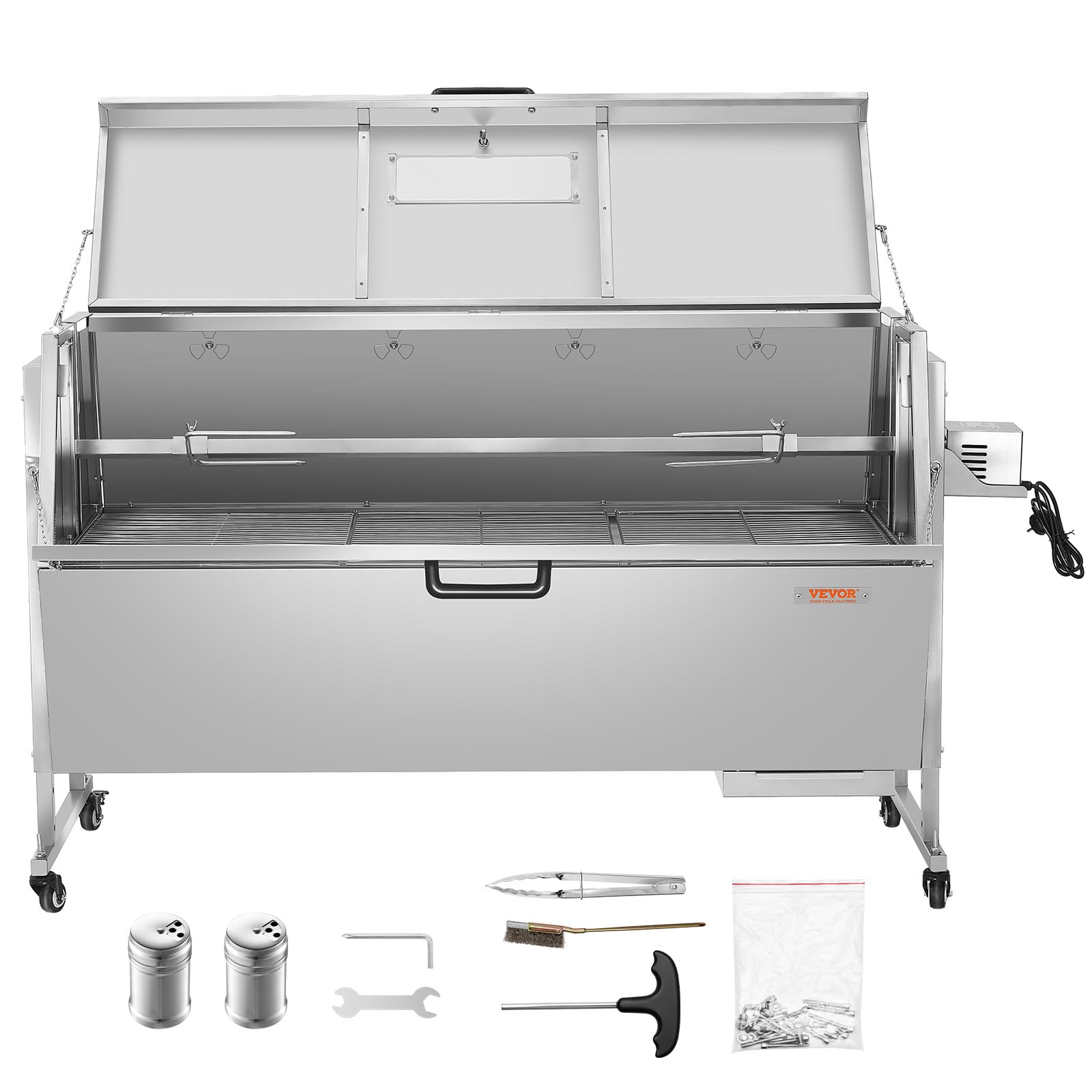 VEVOR 60W Rotisserie Grill z Kapturkiem, 56-calowy Rotisserie Pig Lamb Goat, Pojemność 286Lbs, Rożen węglowy ze stali nierdzewnej z blokowanymi kółkami, do grillowania na kempingu i na zewnątrz