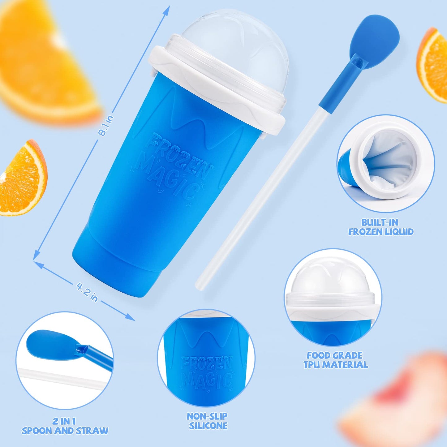 Slushy Maker Cup,Magic Quick Frozen Smoothies Cup, Portable Double Layer Slushy Maker Cup, Slushie Machine with Straw and Spoon, Ice Cream Maker Christmas Gifts for Family Kids and Family(Blue)