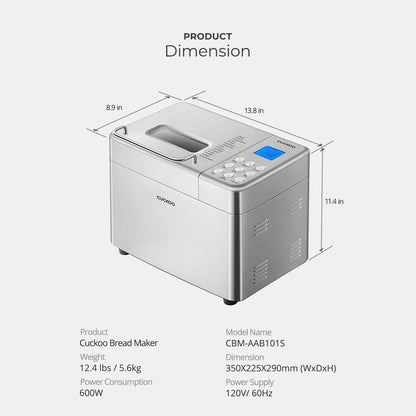 CUCKOO Bread Maker Machine with 15 Menu Options + 3 Crust Colors, 2 lbs Bread Machine with Automatic Fruit & Nut Dispenser, Includes 6 Accessories, Ideal Breadmaker for Sourdough (CBM-AAB101S)