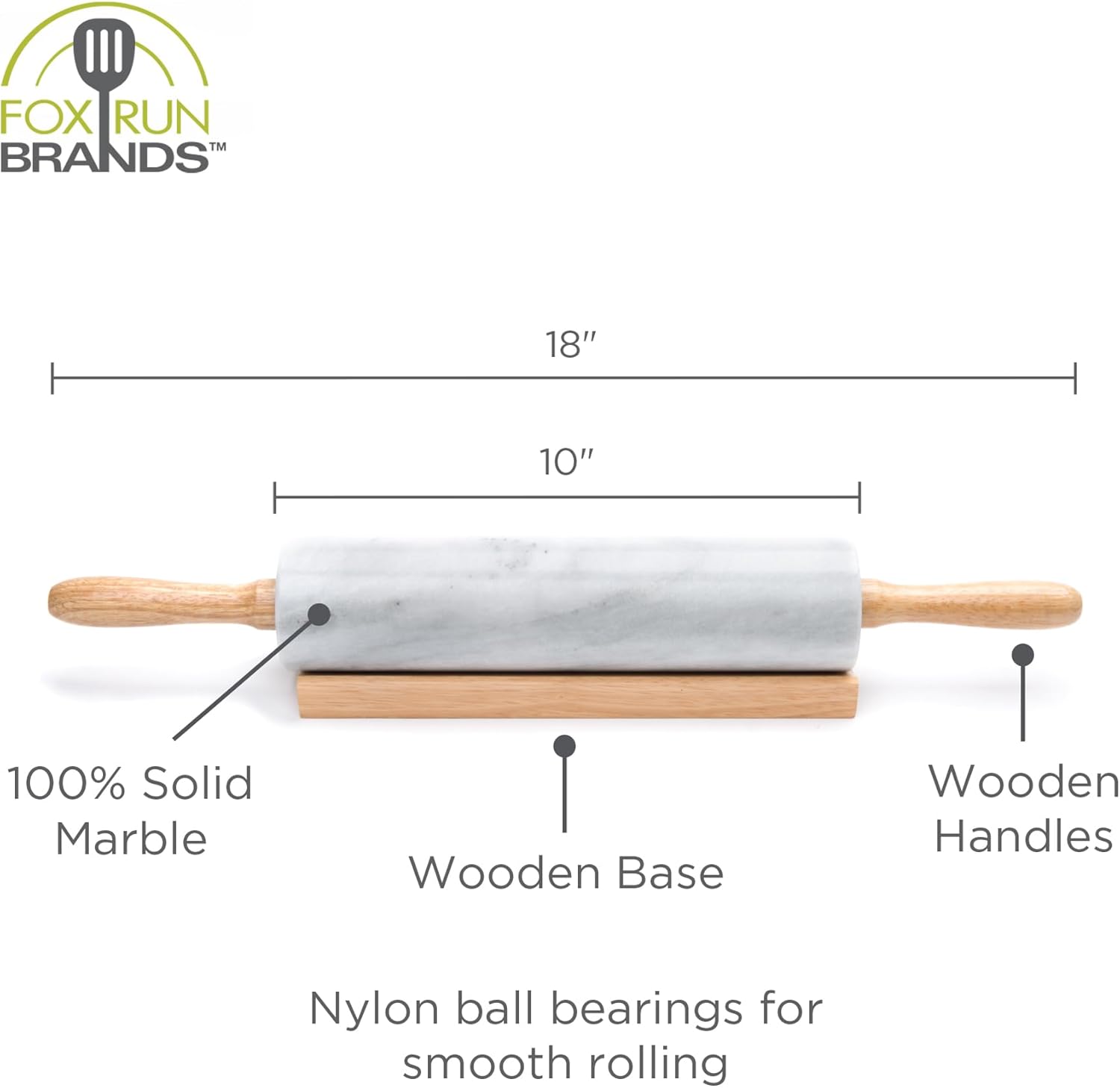 Fox Run Polished Marble Rolling Pin with Wooden Cradle, 10-Inch Barrel, White