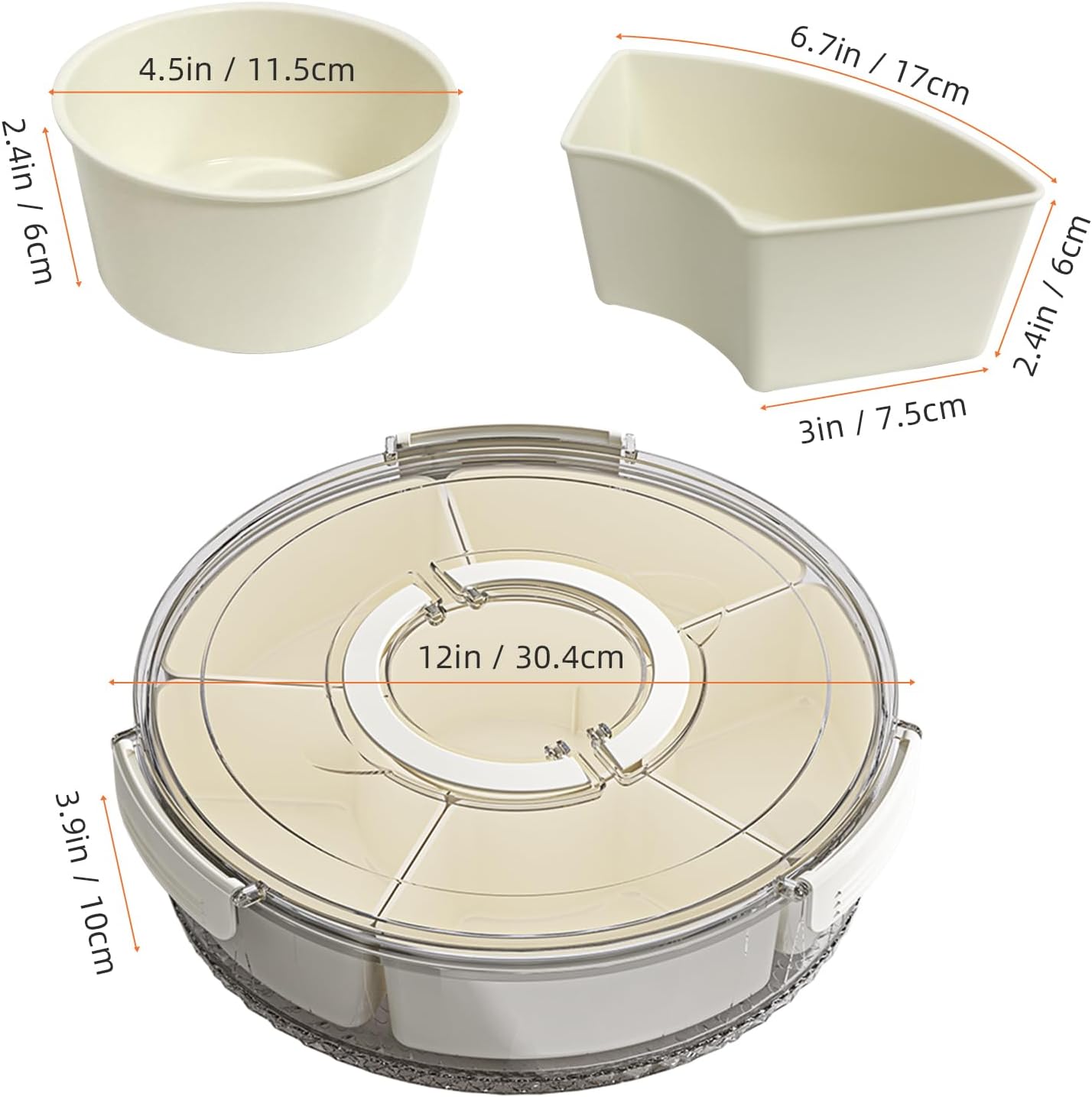 Divided Serving Tray with Lid and Handle, Stackable Snackle Box Container for Fruits Candy Organizer, Portable Spinning Rounded Veggie Tray for Kitchen, Party, Trave and Picnic-1 Pack
